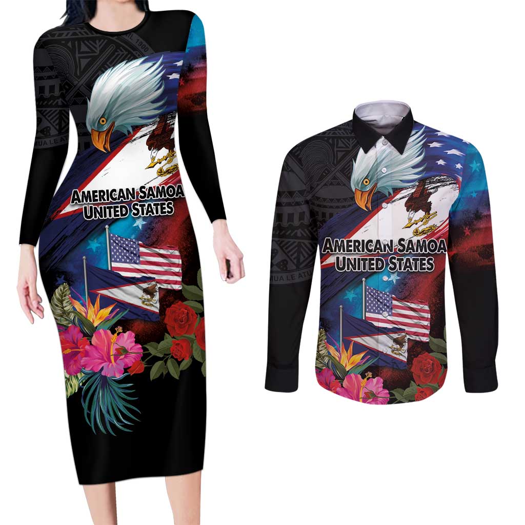 American Samoa and United States Together Couples Matching Long Sleeve Bodycon Dress and Long Sleeve Button Shirt National Flag with Eagle-Hibiscus and Rose