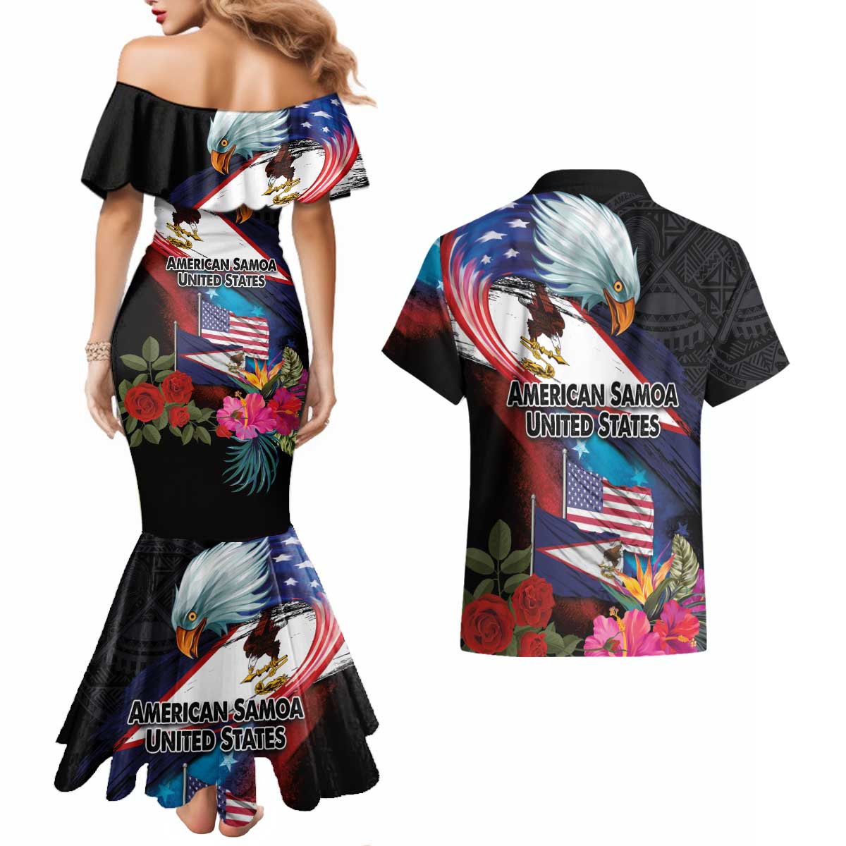American Samoa and United States Together Couples Matching Mermaid Dress and Hawaiian Shirt National Flag with Eagle-Hibiscus and Rose
