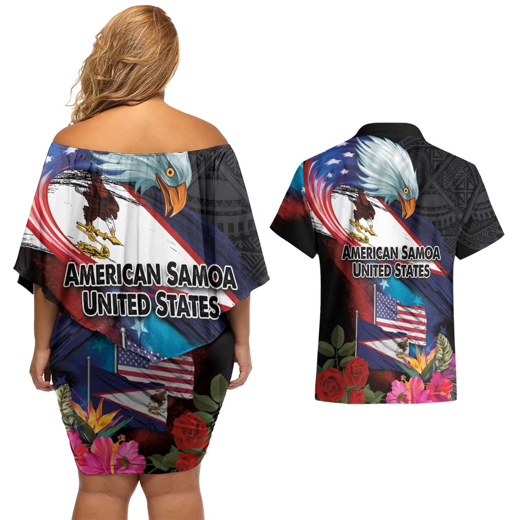 American Samoa and United States Together Couples Matching Off Shoulder Short Dress and Hawaiian Shirt National Flag with Eagle-Hibiscus and Rose