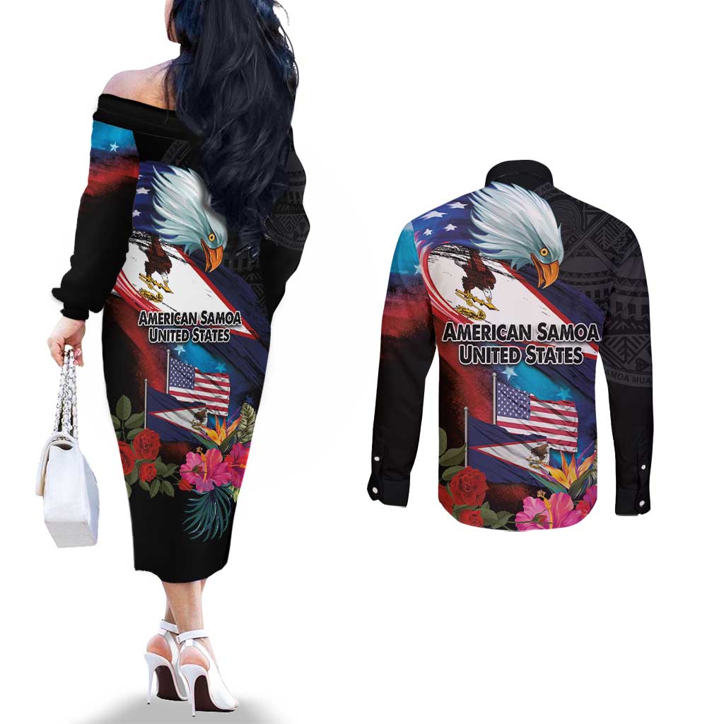 American Samoa and United States Together Couples Matching Off The Shoulder Long Sleeve Dress and Long Sleeve Button Shirt National Flag with Eagle-Hibiscus and Rose