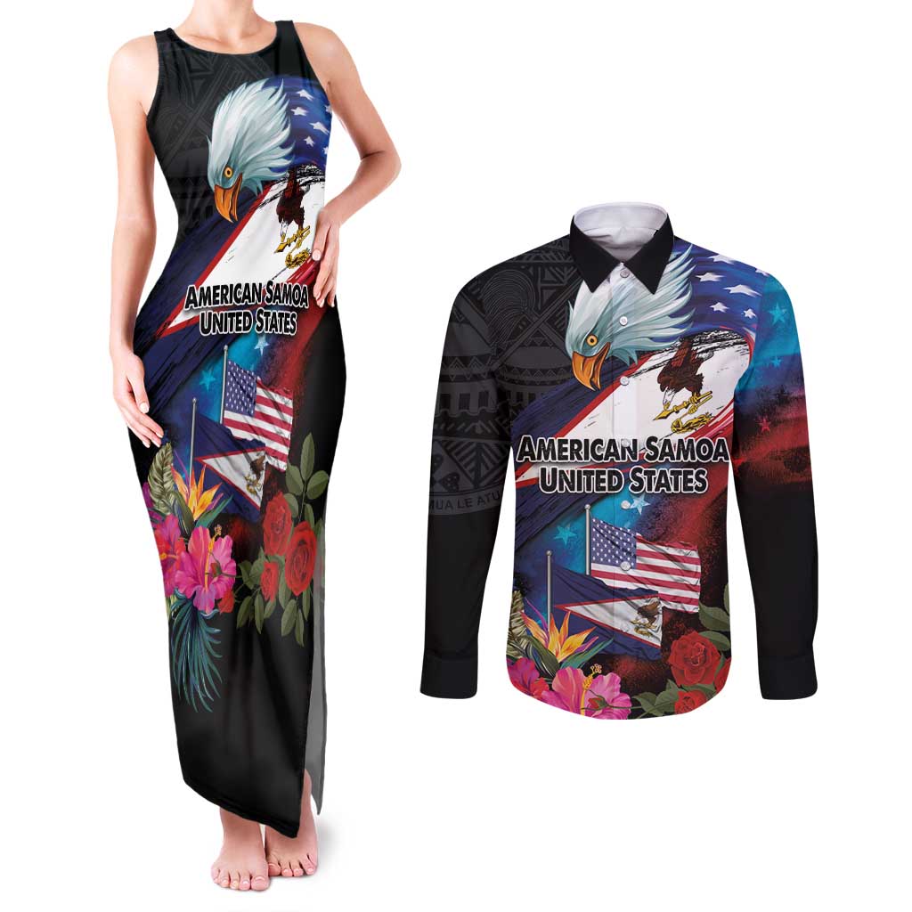 American Samoa and United States Together Couples Matching Tank Maxi Dress and Long Sleeve Button Shirt National Flag with Eagle-Hibiscus and Rose
