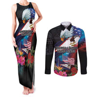 American Samoa and United States Together Couples Matching Tank Maxi Dress and Long Sleeve Button Shirt National Flag with Eagle-Hibiscus and Rose