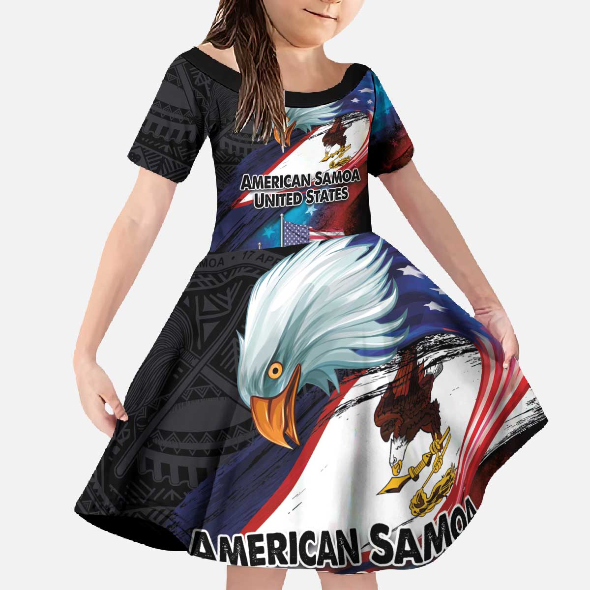 American Samoa and United States Together Family Matching Off The Shoulder Long Sleeve Dress and Hawaiian Shirt National Flag with Eagle-Hibiscus and Rose