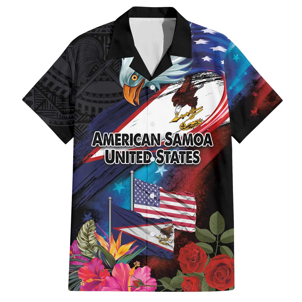 American Samoa and United States Together Family Matching Off The Shoulder Long Sleeve Dress and Hawaiian Shirt National Flag with Eagle-Hibiscus and Rose