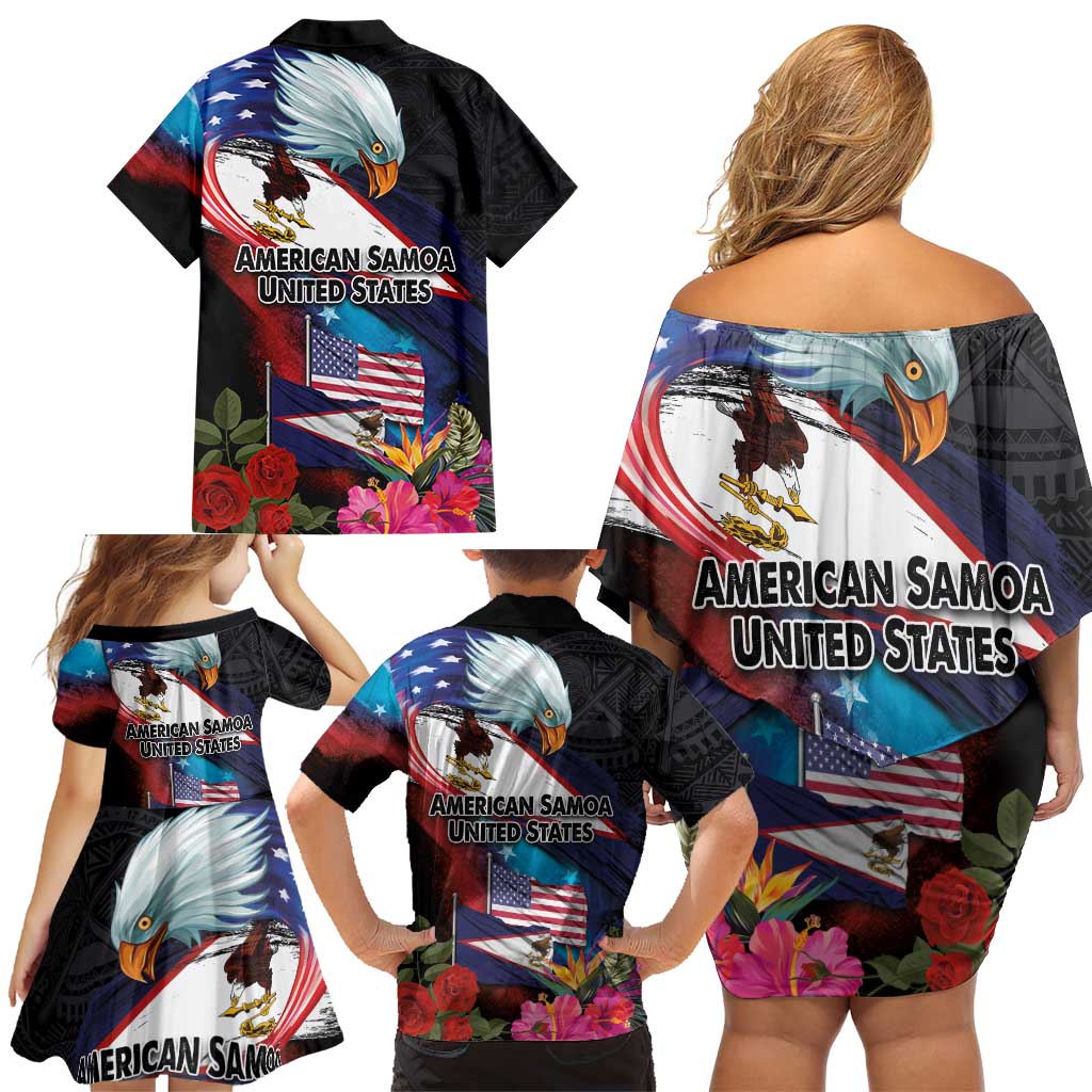 American Samoa and United States Together Family Matching Off Shoulder Short Dress and Hawaiian Shirt National Flag with Eagle-Hibiscus and Rose