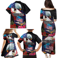 American Samoa and United States Together Family Matching Puletasi and Hawaiian Shirt National Flag with Eagle-Hibiscus and Rose