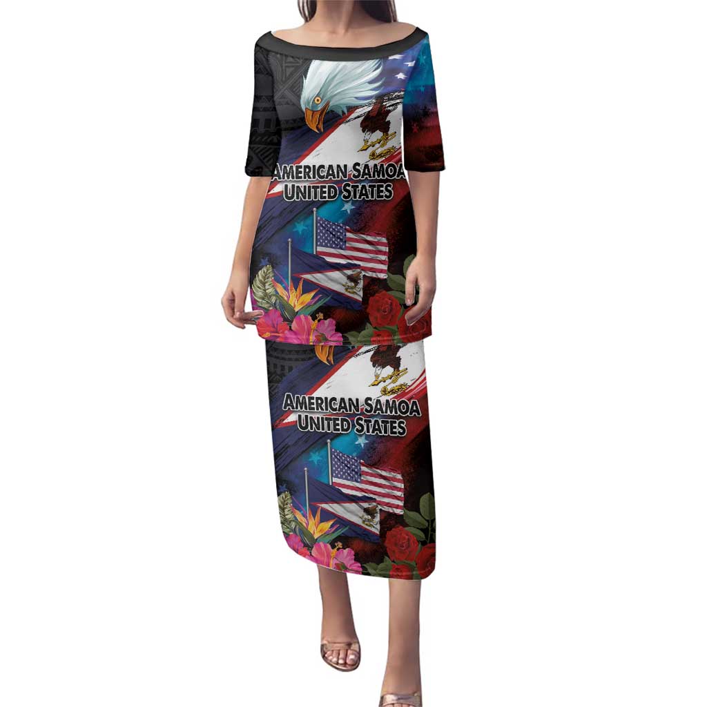 American Samoa and United States Together Family Matching Puletasi and Hawaiian Shirt National Flag with Eagle-Hibiscus and Rose