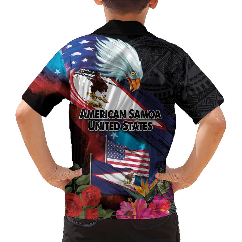 American Samoa and United States Together Family Matching Short Sleeve Bodycon Dress and Hawaiian Shirt National Flag with Eagle-Hibiscus and Rose