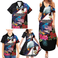 American Samoa and United States Together Family Matching Summer Maxi Dress and Hawaiian Shirt National Flag with Eagle-Hibiscus and Rose