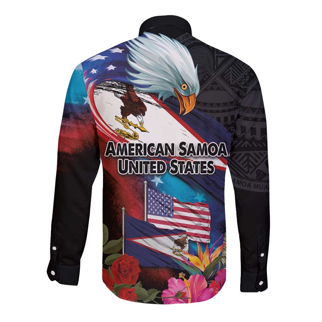 American Samoa and United States Together Long Sleeve Button Shirt National Flag with Eagle-Hibiscus and Rose