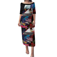 American Samoa and United States Together Puletasi National Flag with Eagle-Hibiscus and Rose