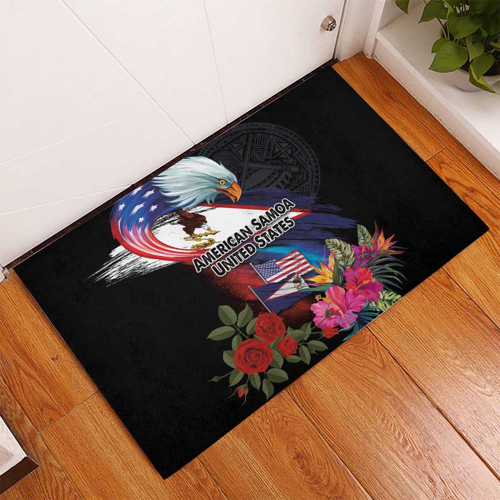 American Samoa and United States Together Rubber Doormat National Flag with Eagle-Hibiscus and Rose