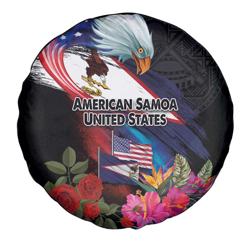 American Samoa and United States Together Spare Tire Cover National Flag with Eagle-Hibiscus and Rose