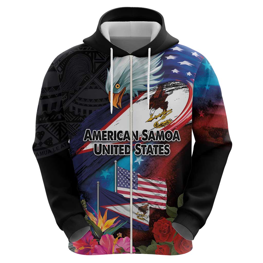 American Samoa and United States Together Zip Hoodie National Flag with Eagle-Hibiscus and Rose