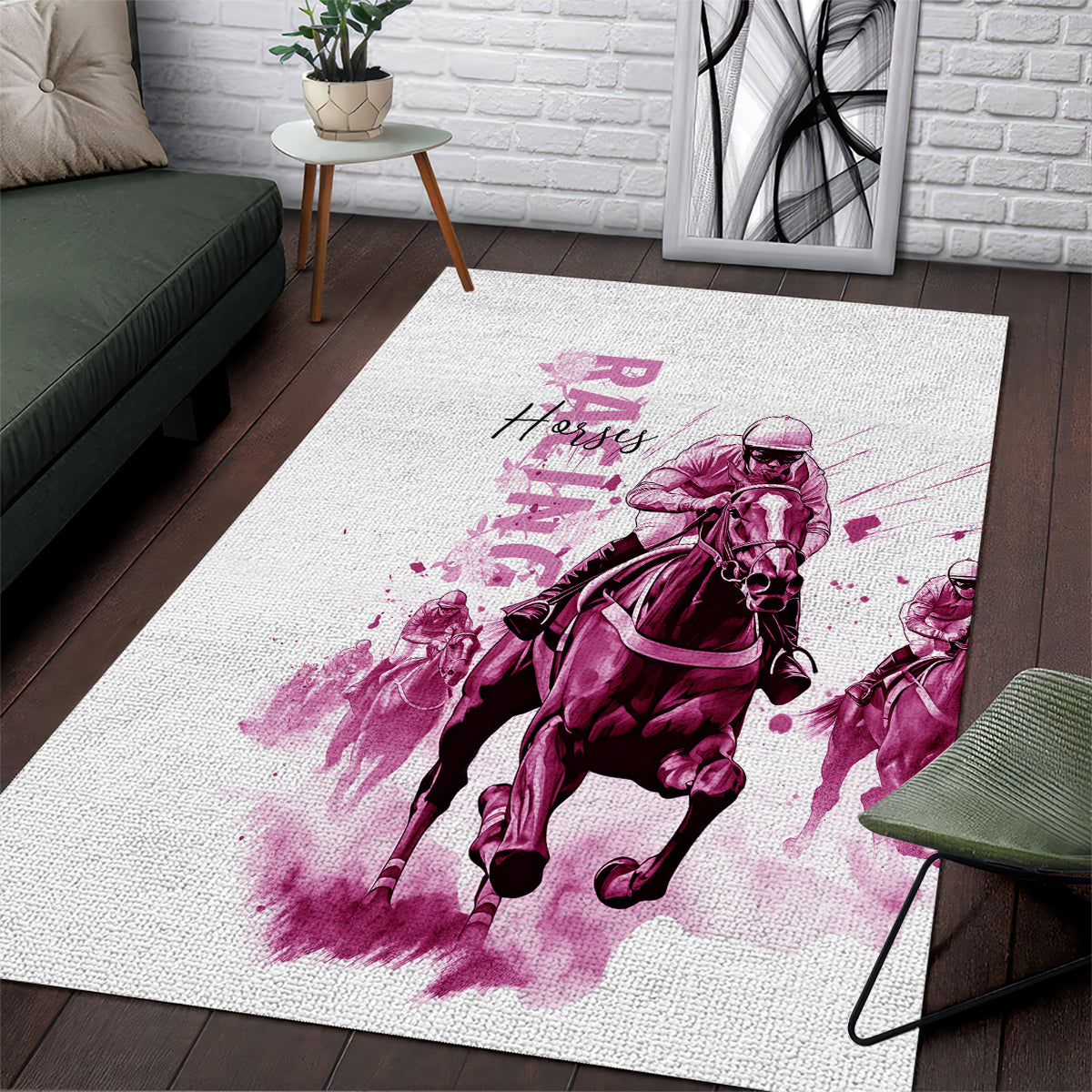 Kentucky Horses Racing Area Rug Jockey Drawing Style Pink Out Color - Wonder Print Shop