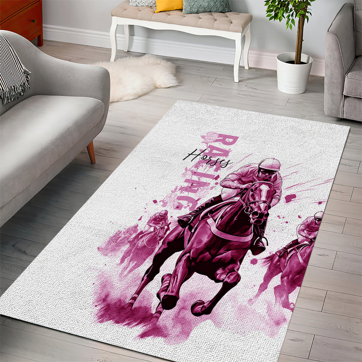 Kentucky Horses Racing Area Rug Jockey Drawing Style Pink Out Color - Wonder Print Shop