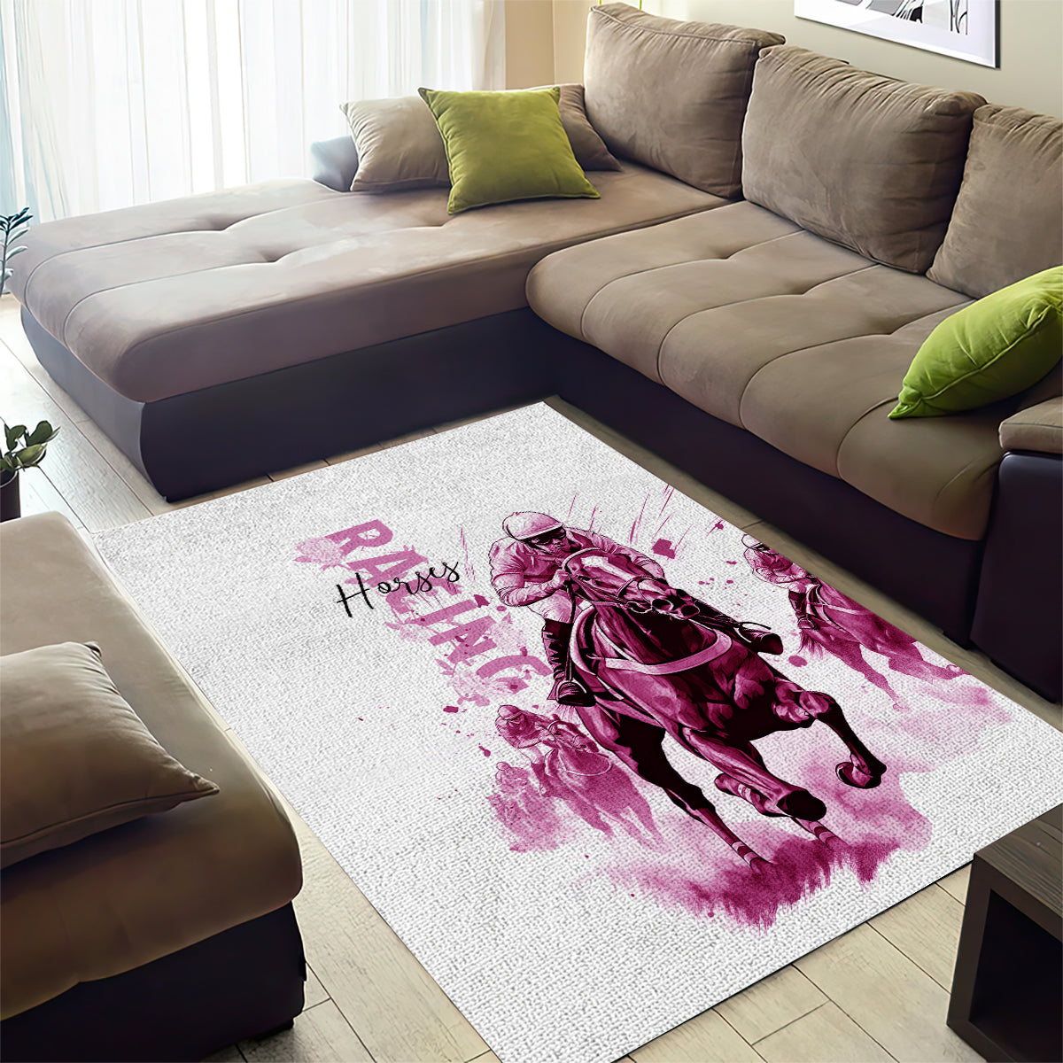 Kentucky Horses Racing Area Rug Jockey Drawing Style Pink Out Color - Wonder Print Shop