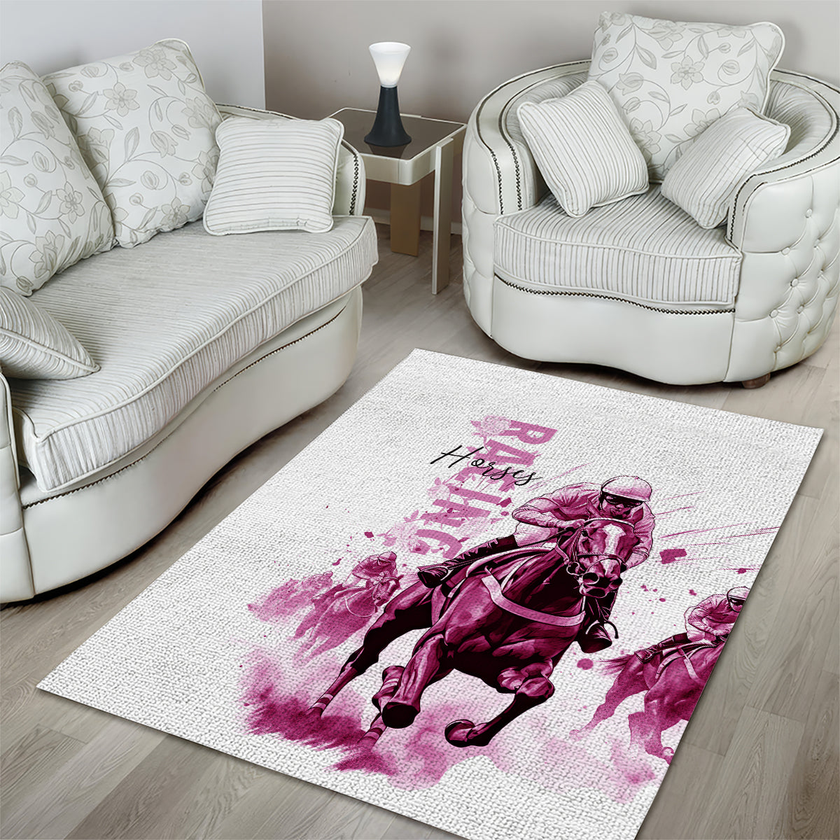 Kentucky Horses Racing Area Rug Jockey Drawing Style Pink Out Color - Wonder Print Shop