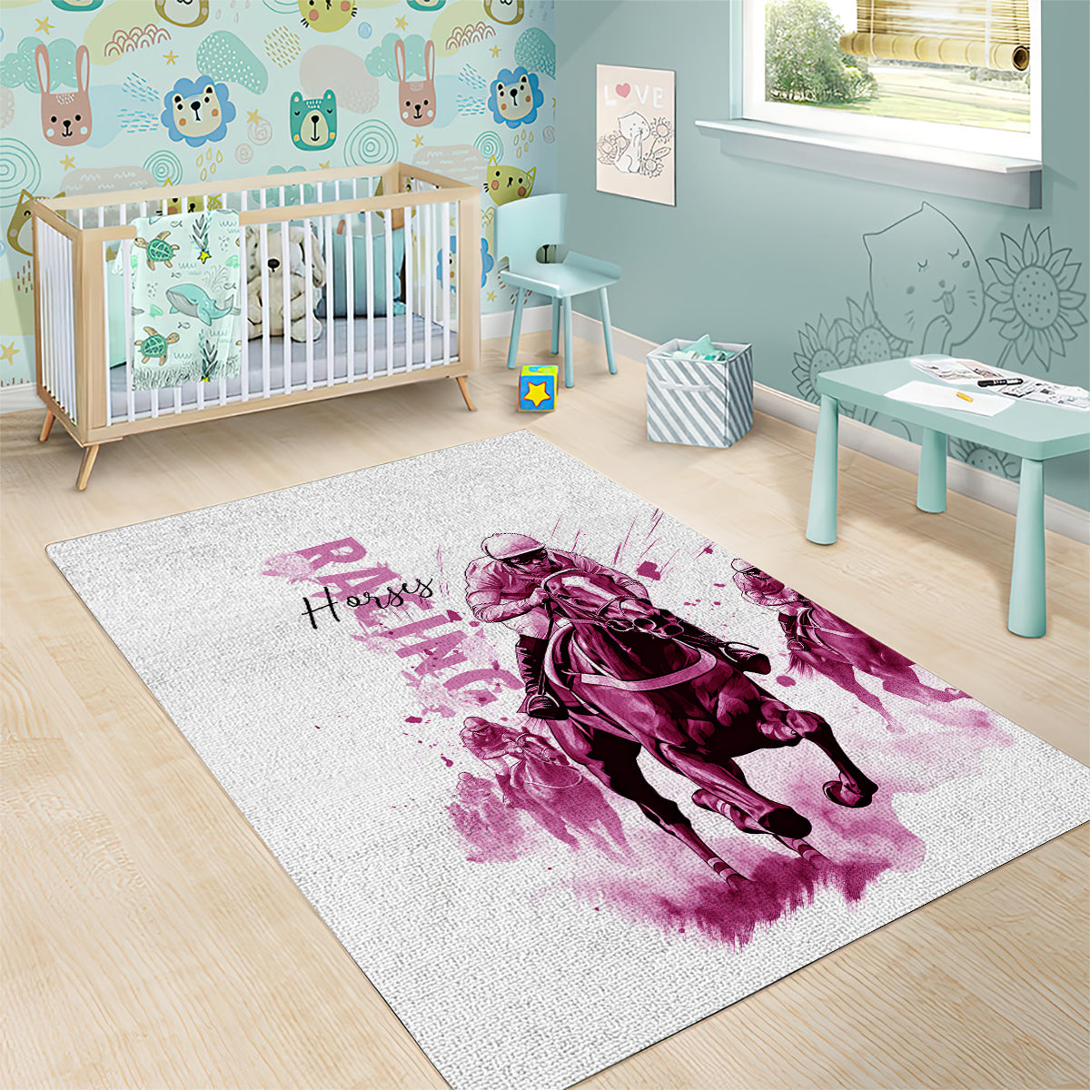 Kentucky Horses Racing Area Rug Jockey Drawing Style Pink Out Color - Wonder Print Shop
