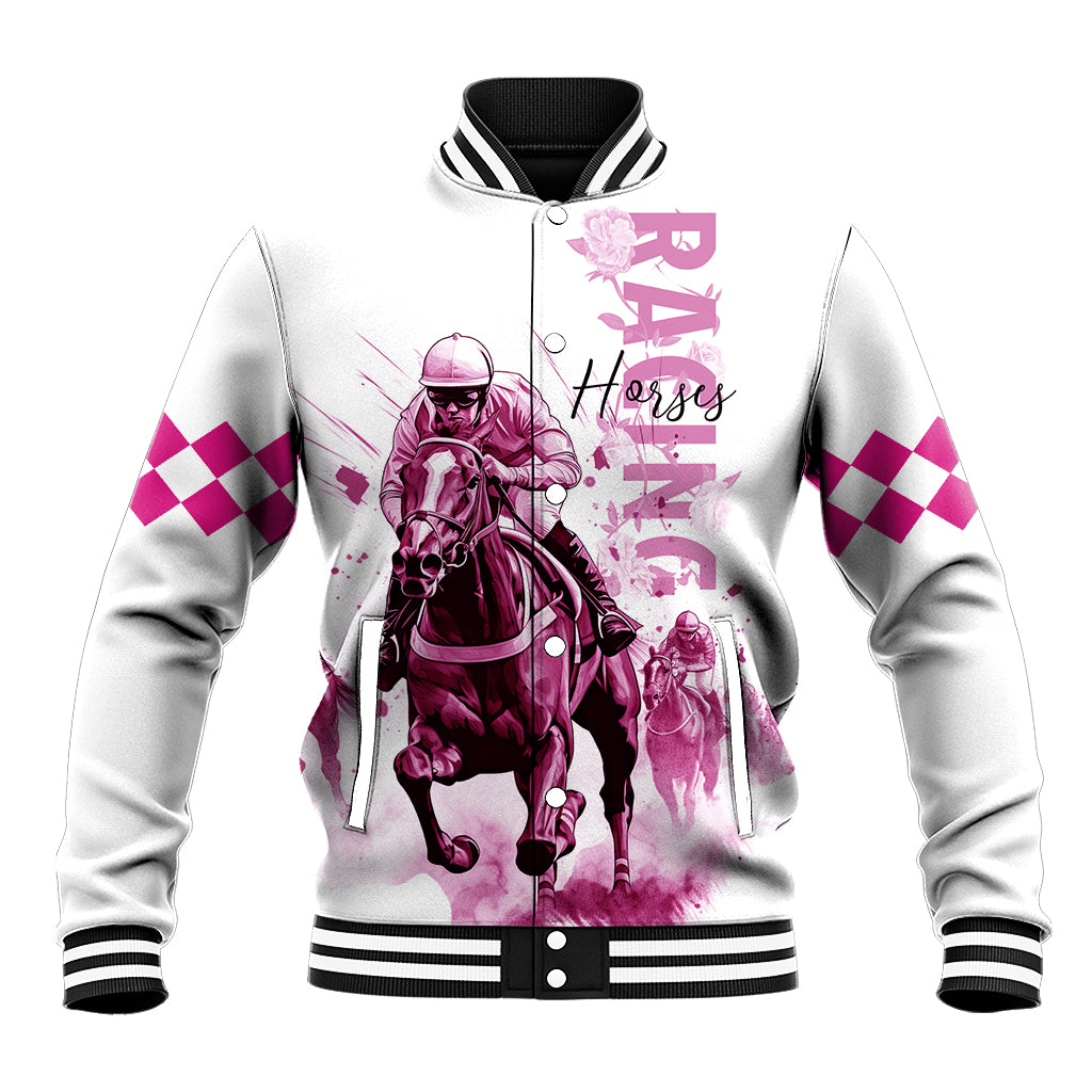 Kentucky Horses Racing Baseball Jacket Jockey Drawing Style Pink Out Color - Wonder Print Shop