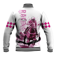 Kentucky Horses Racing Baseball Jacket Jockey Drawing Style Pink Out Color - Wonder Print Shop