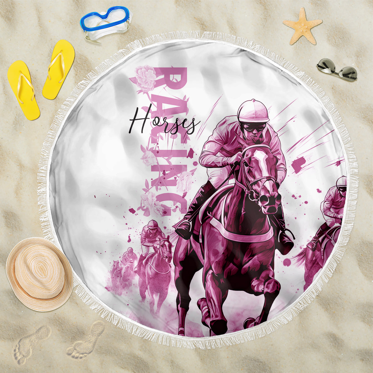 Kentucky Horses Racing Beach Blanket Jockey Drawing Style Pink Out Color - Wonder Print Shop
