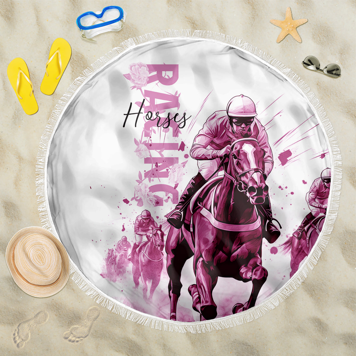 Kentucky Horses Racing Beach Blanket Jockey Drawing Style Pink Out Color