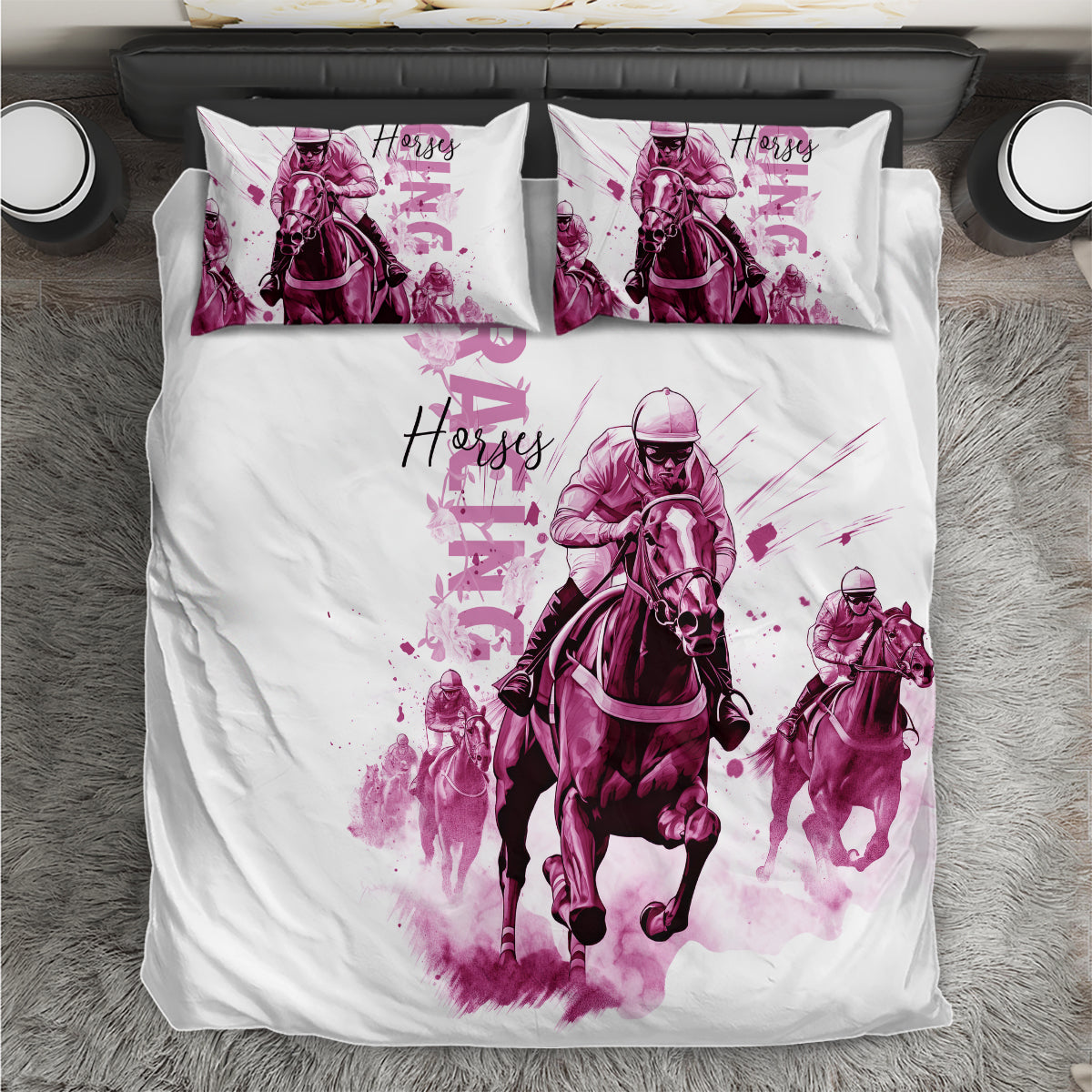 Kentucky Horses Racing Bedding Set Jockey Drawing Style Pink Out Color - Wonder Print Shop