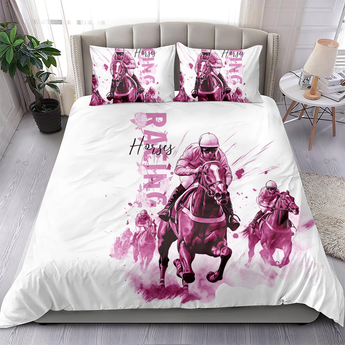 Kentucky Horses Racing Bedding Set Jockey Drawing Style Pink Out Color - Wonder Print Shop