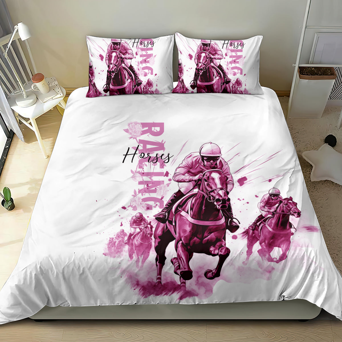 Kentucky Horses Racing Bedding Set Jockey Drawing Style Pink Out Color - Wonder Print Shop