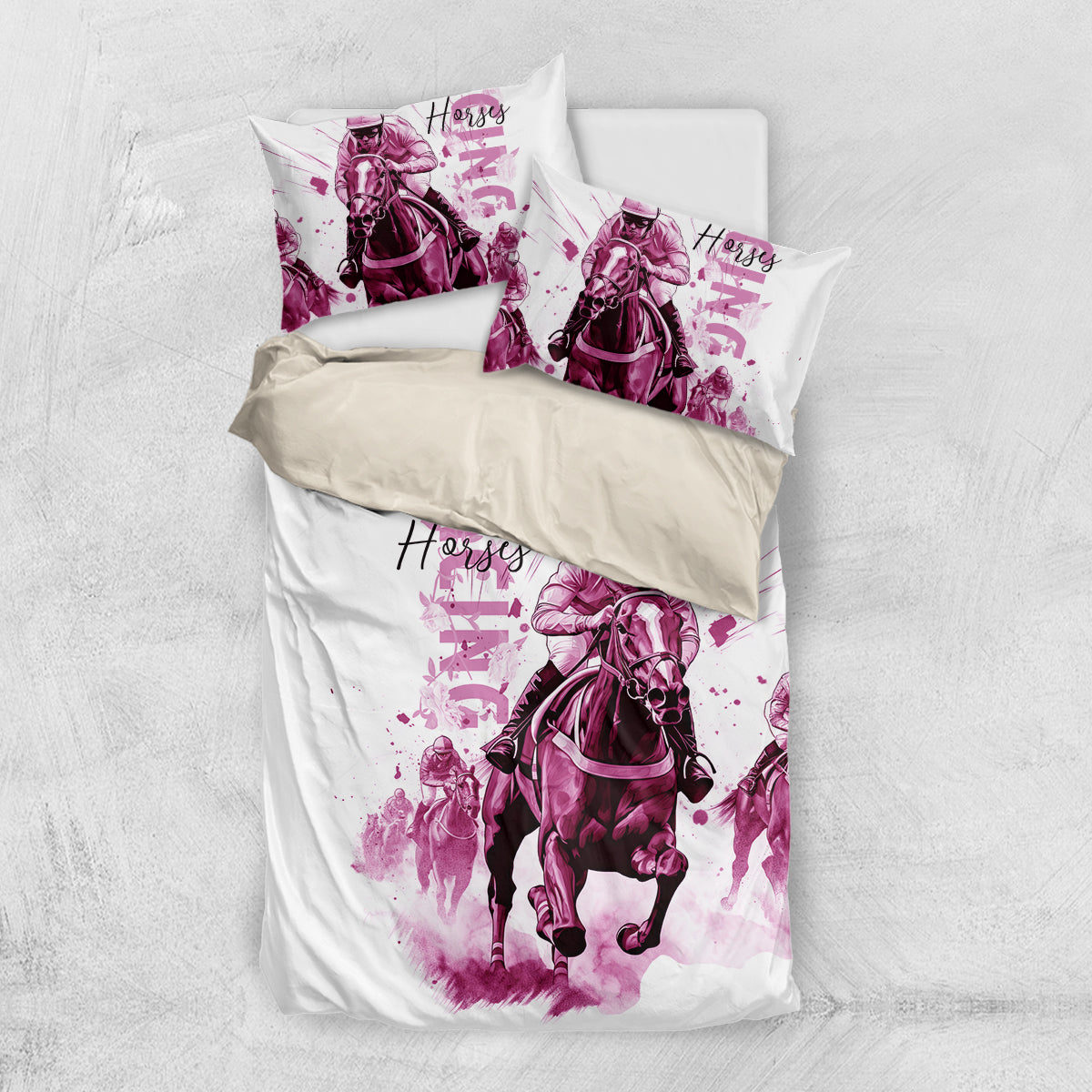 Kentucky Horses Racing Bedding Set Jockey Drawing Style Pink Out Color - Wonder Print Shop