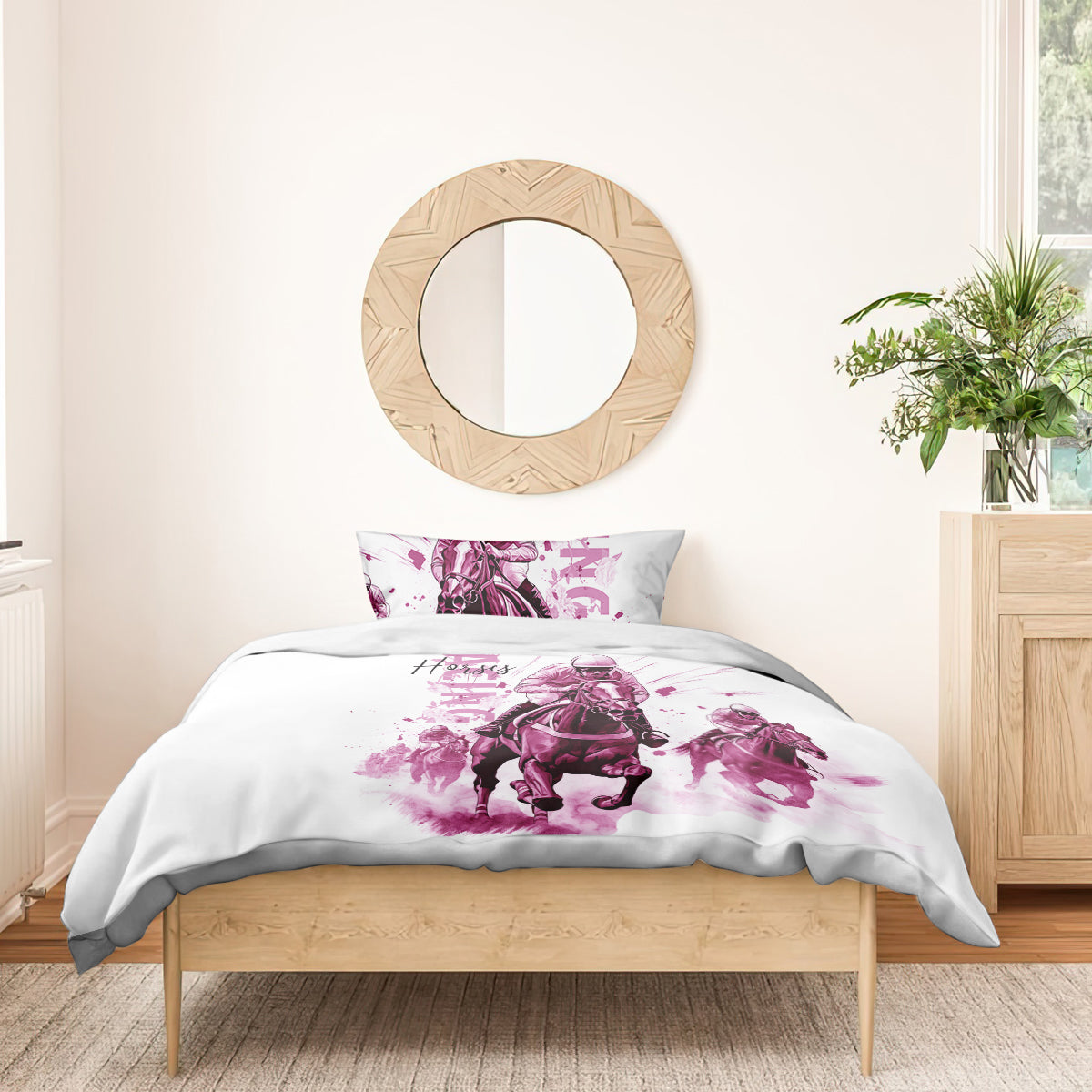Kentucky Horses Racing Bedding Set Jockey Drawing Style Pink Out Color - Wonder Print Shop