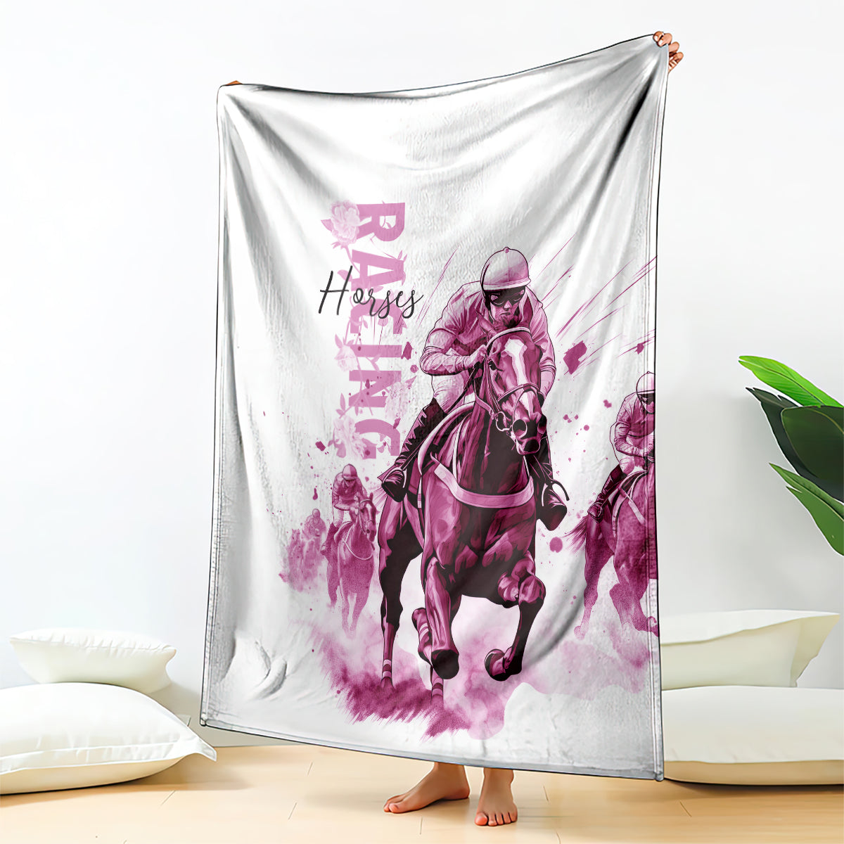Kentucky Horses Racing Blanket Jockey Drawing Style Pink Out Color