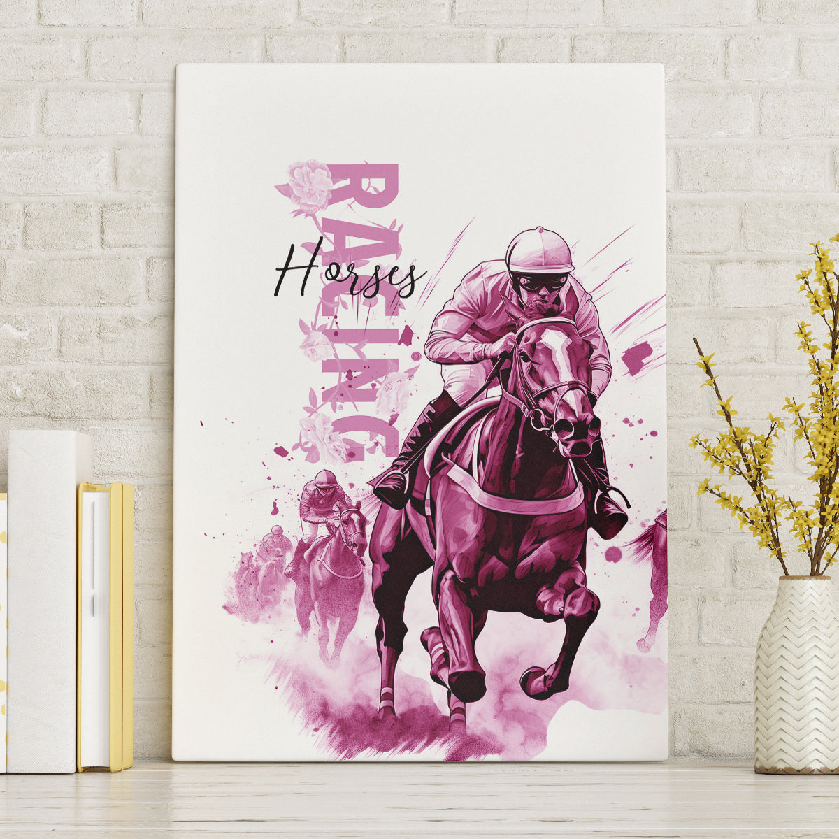 Kentucky Horses Racing Canvas Wall Art Jockey Drawing Style Pink Out Color - Wonder Print Shop