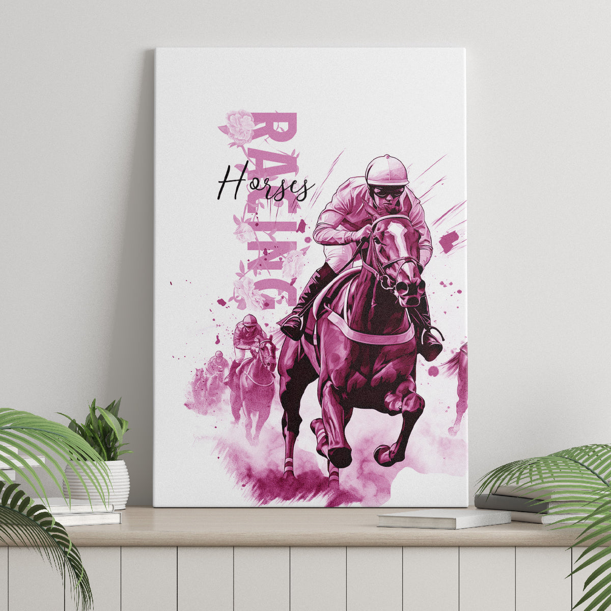 Kentucky Horses Racing Canvas Wall Art Jockey Drawing Style Pink Out Color - Wonder Print Shop