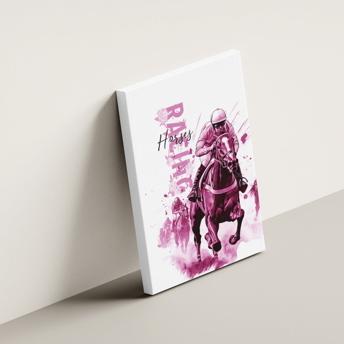 Kentucky Horses Racing Canvas Wall Art Jockey Drawing Style Pink Out Color - Wonder Print Shop