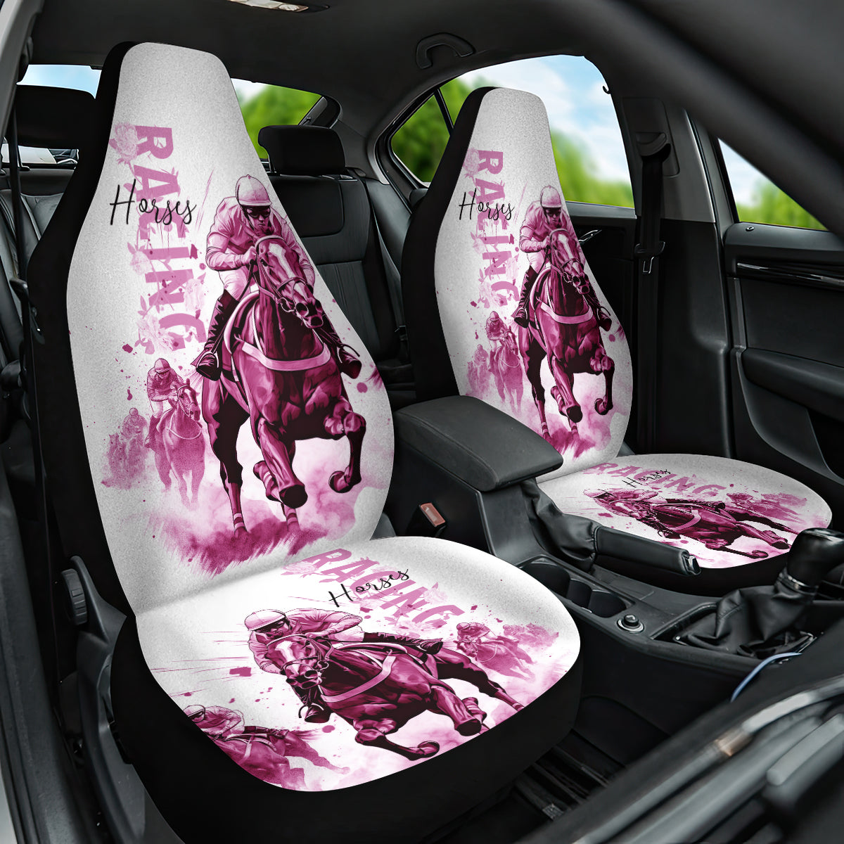 Kentucky Horses Racing Car Seat Cover Jockey Drawing Style Pink Out Color