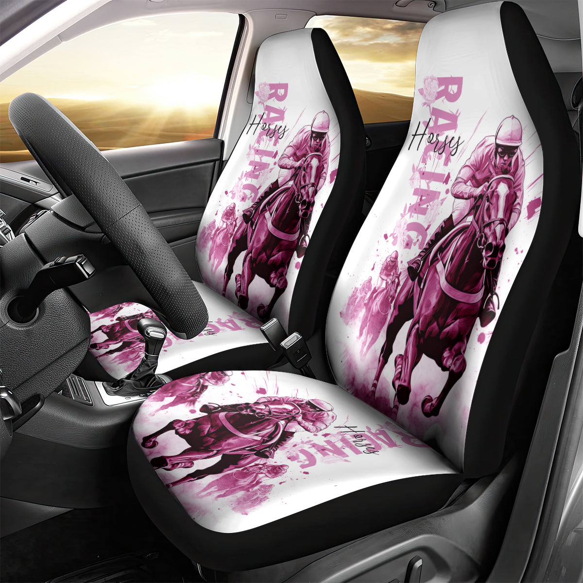 Kentucky Horses Racing Car Seat Cover Jockey Drawing Style Pink Out Color - Wonder Print Shop