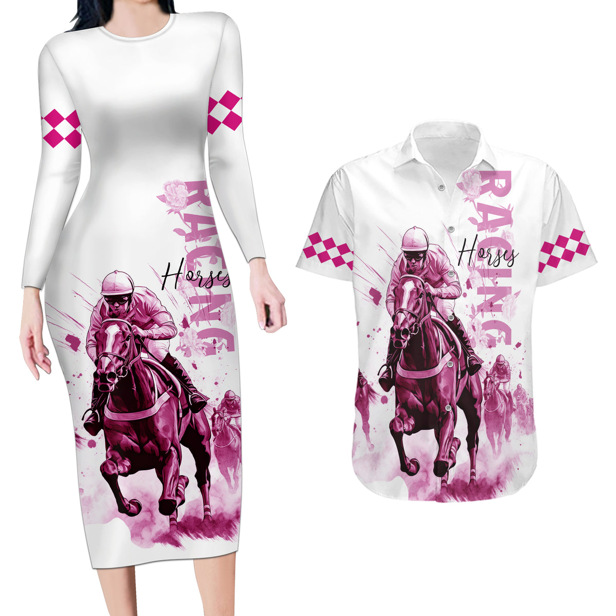 Kentucky Horses Racing Couples Matching Long Sleeve Bodycon Dress and Hawaiian Shirt Jockey Drawing Style Pink Out Color - Wonder Print Shop