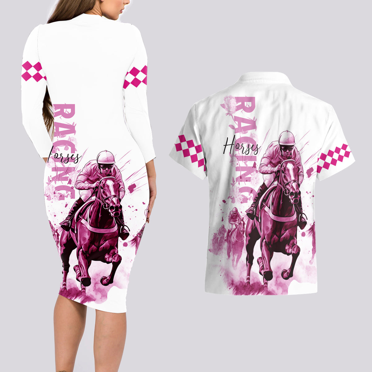 Kentucky Horses Racing Couples Matching Long Sleeve Bodycon Dress and Hawaiian Shirt Jockey Drawing Style Pink Out Color - Wonder Print Shop