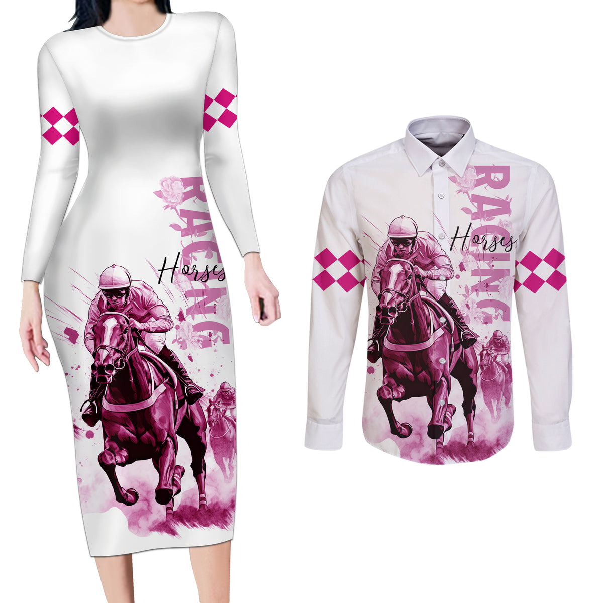 Kentucky Horses Racing Couples Matching Long Sleeve Bodycon Dress and Long Sleeve Button Shirt Jockey Drawing Style Pink Out Color - Wonder Print Shop