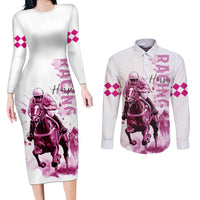 Kentucky Horses Racing Couples Matching Long Sleeve Bodycon Dress and Long Sleeve Button Shirt Jockey Drawing Style Pink Out Color - Wonder Print Shop