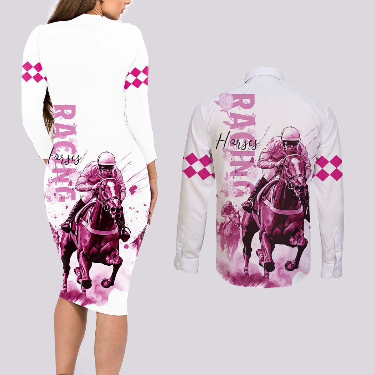 Kentucky Horses Racing Couples Matching Long Sleeve Bodycon Dress and Long Sleeve Button Shirt Jockey Drawing Style Pink Out Color - Wonder Print Shop