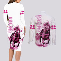 Kentucky Horses Racing Couples Matching Long Sleeve Bodycon Dress and Long Sleeve Button Shirt Jockey Drawing Style Pink Out Color - Wonder Print Shop