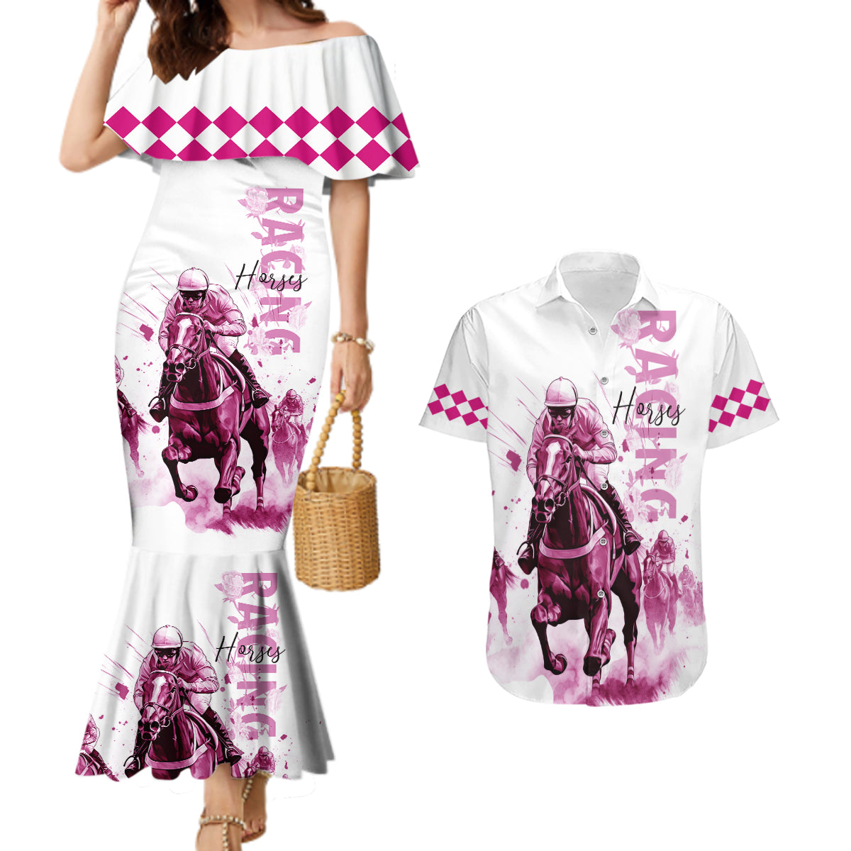 Kentucky Horses Racing Couples Matching Mermaid Dress and Hawaiian Shirt Jockey Drawing Style Pink Out Color - Wonder Print Shop