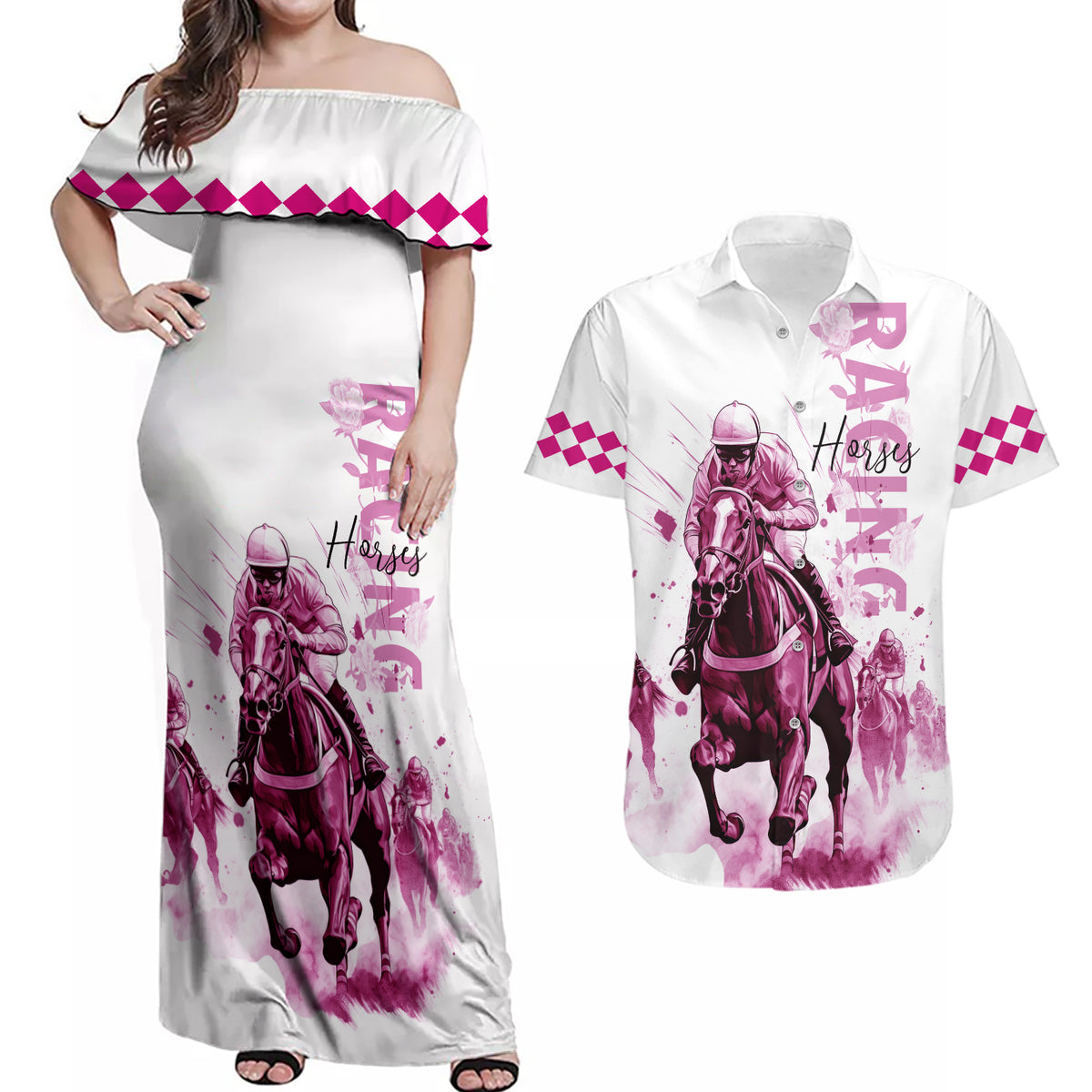 Kentucky Horses Racing Couples Matching Off Shoulder Maxi Dress and Hawaiian Shirt Jockey Drawing Style Pink Out Color - Wonder Print Shop