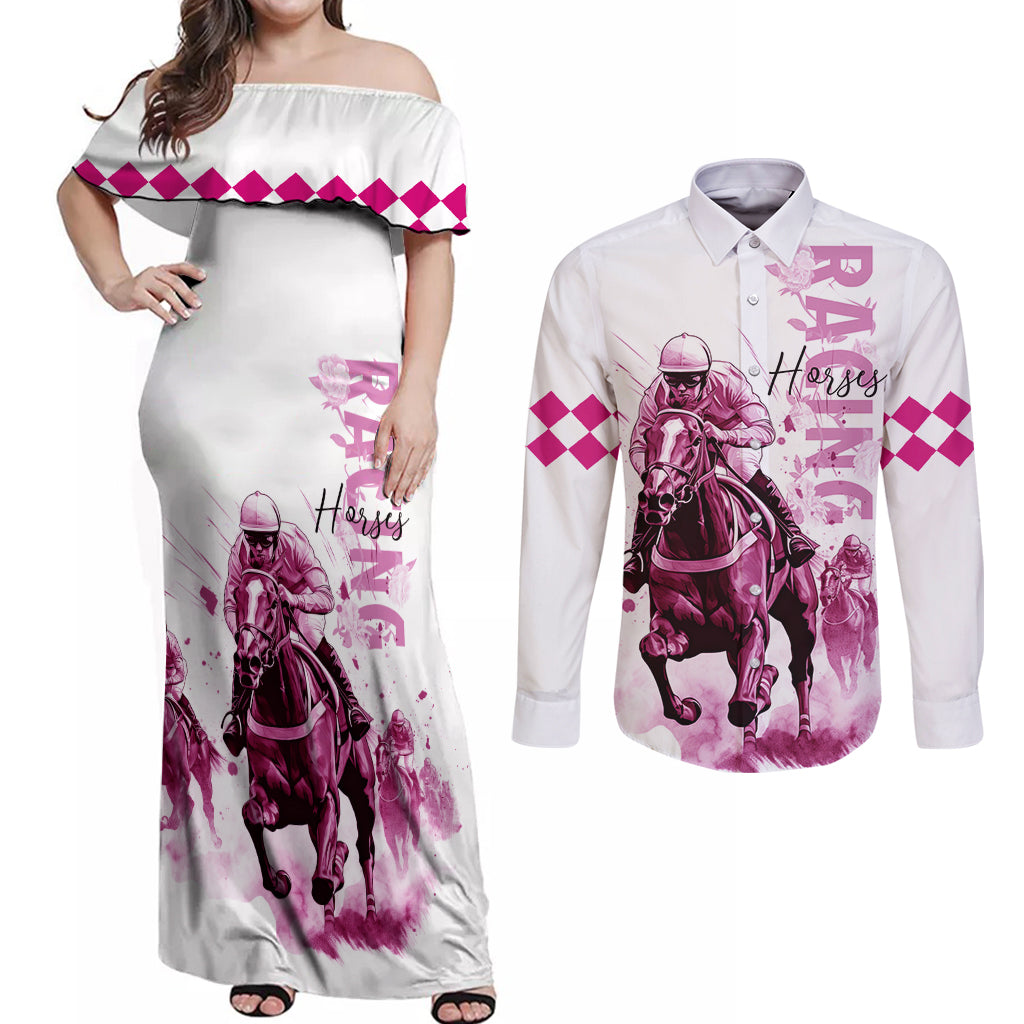 Kentucky Horses Racing Couples Matching Off Shoulder Maxi Dress and Long Sleeve Button Shirt Jockey Drawing Style Pink Out Color - Wonder Print Shop