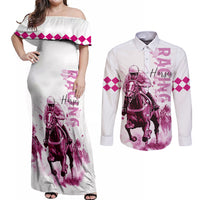 Kentucky Horses Racing Couples Matching Off Shoulder Maxi Dress and Long Sleeve Button Shirt Jockey Drawing Style Pink Out Color - Wonder Print Shop