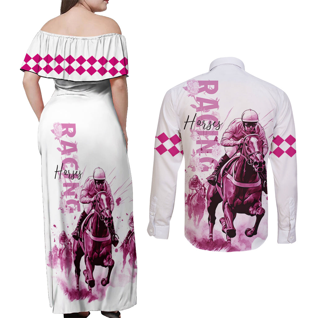 Kentucky Horses Racing Couples Matching Off Shoulder Maxi Dress and Long Sleeve Button Shirt Jockey Drawing Style Pink Out Color - Wonder Print Shop