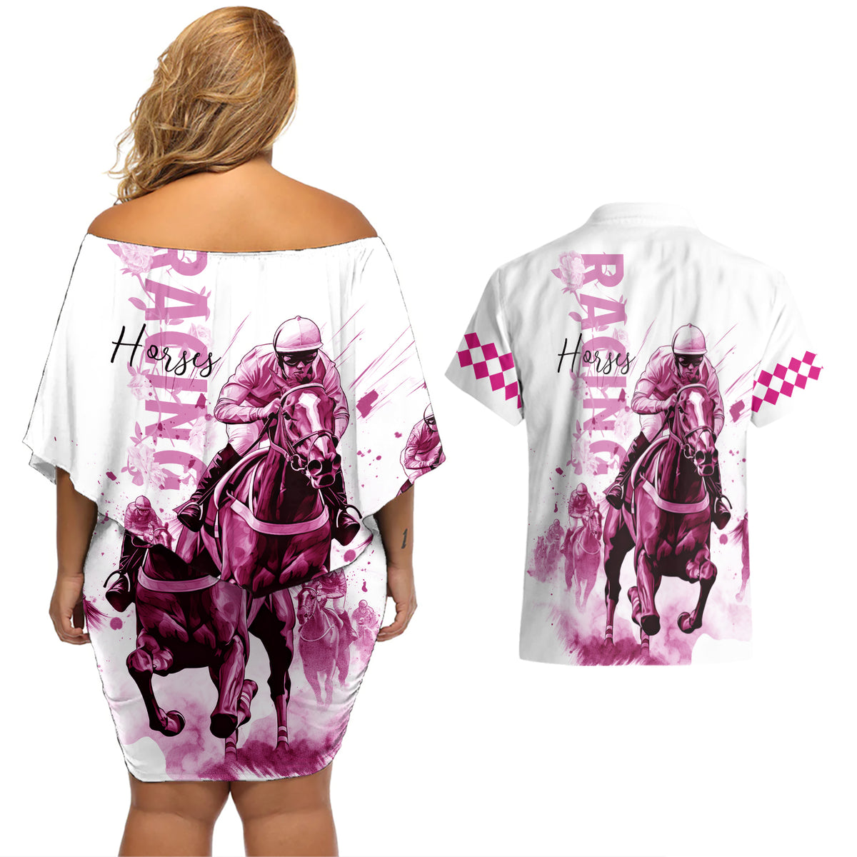 Kentucky Horses Racing Couples Matching Off Shoulder Short Dress and Hawaiian Shirt Jockey Drawing Style Pink Out Color - Wonder Print Shop